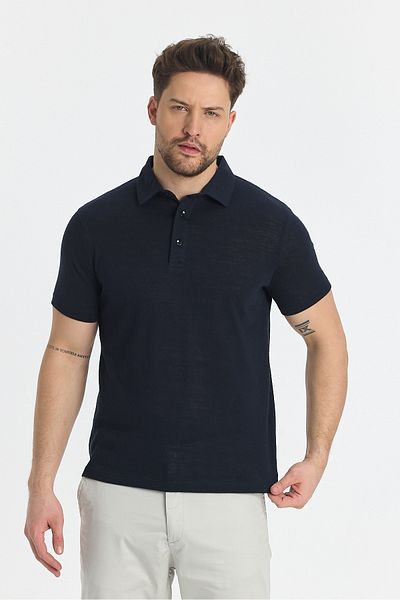 Frappoli Ανδρικό μπλουζάκι με γιακά πόλο Wolfe Navy Blue Lycra Cotton Blend - Μπλουζάκι που δεν συρόμενο και δεν συντριβάνει