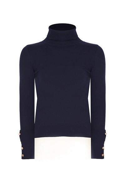 Perspective Knitwear Slim Fit Standard Size False Sleeve Turtleneck Navy Blue Sweater