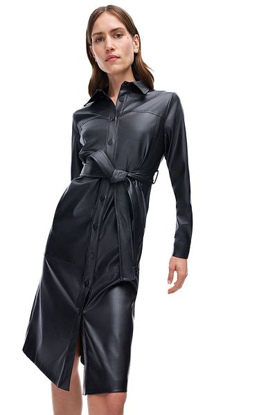 Perspective Dark Regular Fit Below Knee Length Sleeve Shirt Collar Black Dress