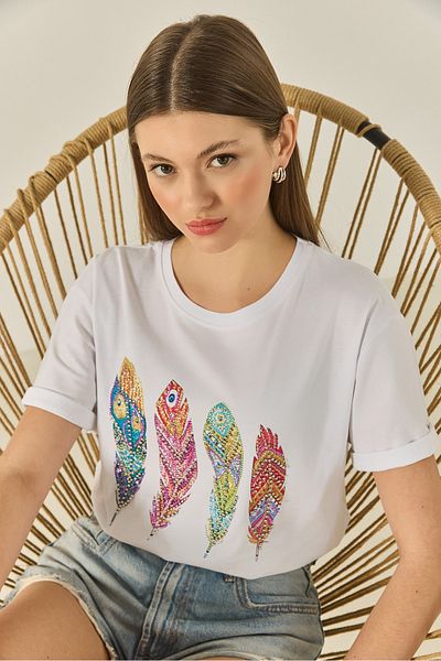 Bianco Lucci Tricou supradimensionat din bumbac, brodat cu margele, cu decolteu, cu pene, 1820 60283285