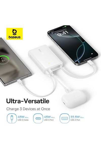 Baseus PicoGo 10000mAh Power Bank 45W Fast Charge Built-in USB-C Cable, Type-C & 22.5W USB-A - White