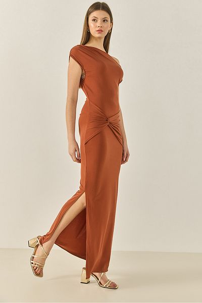 Bianco Lucci Women Boat Neck Knot Detail Slit Saran Candy Dress 60283248