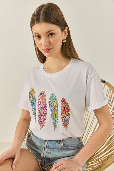 Bianco Lucci Γυναικείο μπλουζάκι με φτερά με λαιμόκοψη με χάντρες κεντημένο oversize βαμβακερό μπλουζάκι 1820 60283285