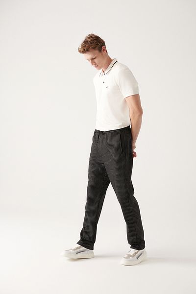 Avva Men's Black Elastic Waist Lace up Striped Stretchy Jogger Pants A31Y3023