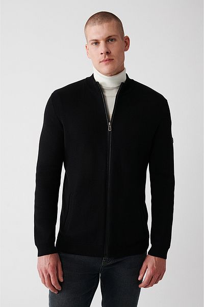 Avva Men's Black Stand Collar Leather Detailed Zippered Viscose Knitwear Cardigan B 005022