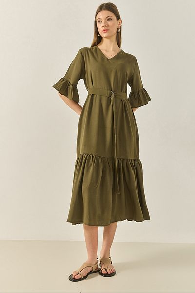 Bianco Lucci Women's V-Neck Belted Skirt with Pocket Flounce Detailed Loose Dress 8406 60283256