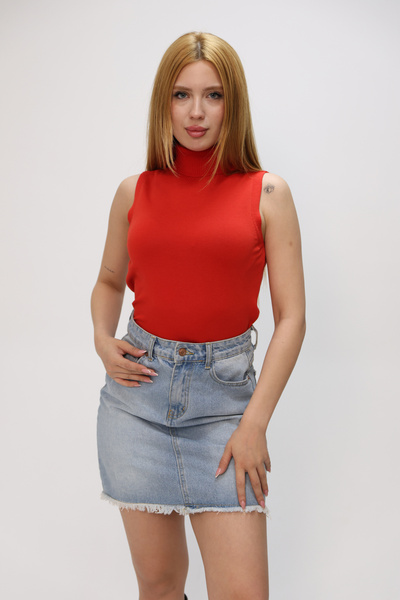 ALCHON Dik Balıkçı Yaka Boğazlı Sıfır Kol Düz Örgü Tek Renk Esnek Yazlık Basic Şık Triko Badi Atlet