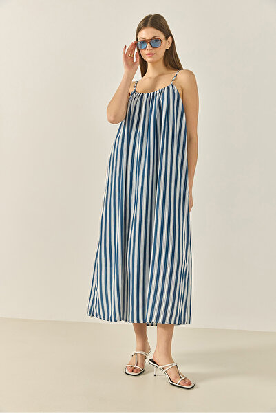 Bianco Lucci Women's Gather Detailed Thin Strap Striped Lined Modal Loose Dress 35429 60283250