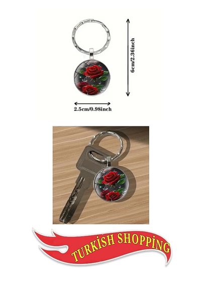 shop Red Rose Patterned Synthetic Stone Metal Glass Round Keychain