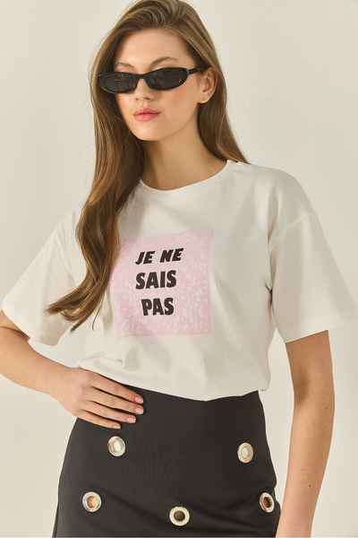 Bianco Lucci Women's Crew Neck Short Sleeve Printed Cotton Loose T-Shirt 5447 60283289