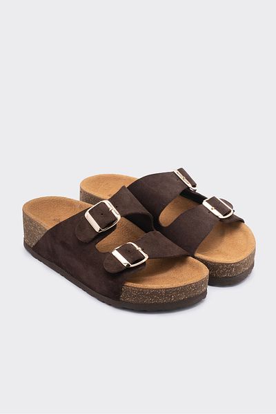 SHOEMARK Gabba Brown Genuine Leather Suede Women's Slippers with Buckle Detail