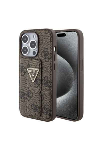 Guess Case for iPhone 15 Pro, Grip Stand 4G Triangle Strass, Guess - Brown