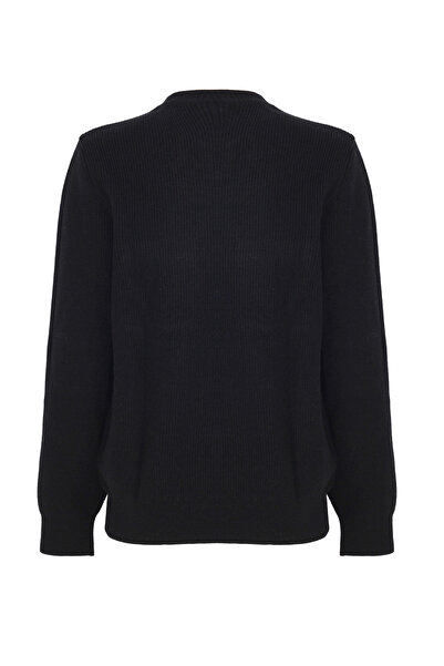 Perspective Knitwear Regular Fit Standard Size Fake Sleeve Crew Neck Black Sweater