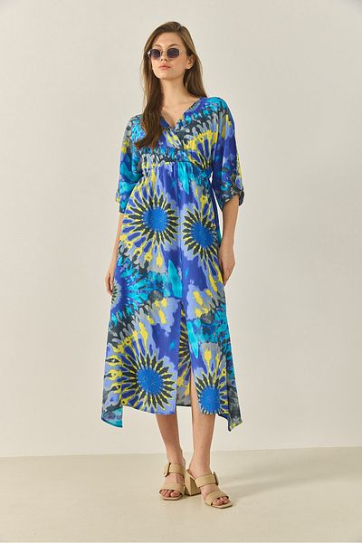 Bianco Lucci Rochie de vară din viscoză, cu model, cu talie elastică, guler înfășurat 60283296