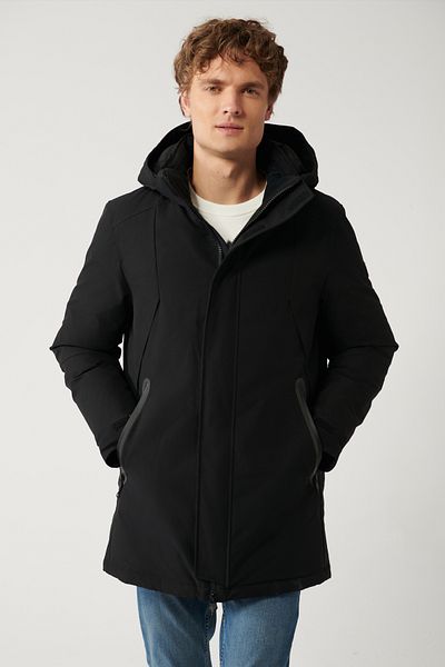 Avva Men's Black Coat Goose Down Water Repellent Windproof with Thermometer Detachable Hood Comfort Fit