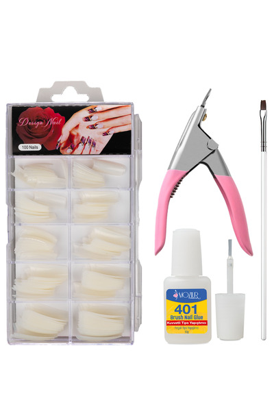 MOZIUR 100'lü Yarım Ay Tips Seti Tips Makası Tips Yapıştırıcı Jel Fırçası - P...