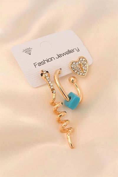 FASHIONLINE Gold Color Metal Zircon Stone Snake and Heart Detailed Earring Set