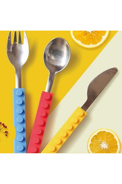 COOYA Set of 3 Interlocking Block Kids Silverware,with Toddler Knife,Non-BPA,Soft & Safe,for Kids