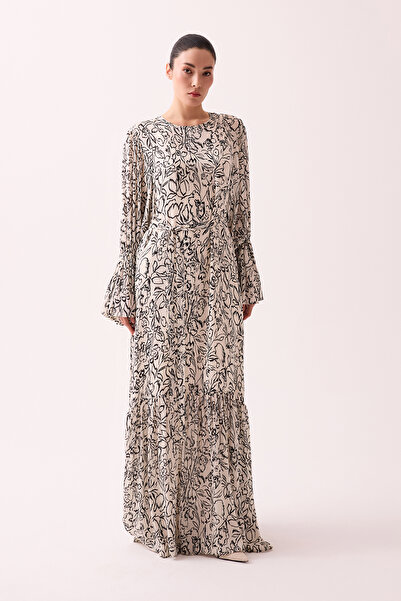 Jus De Pommes SİYAH BEYAZ ÇİÇEK DESENLİ UZUN ELBİSE