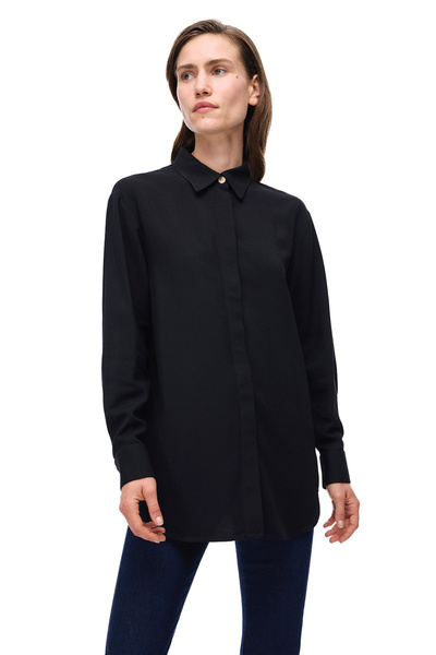 Perspective Μαύρο πουκάμισο με γιακά με χαμηλό μανίκι Seras Regular Fit Standard Size