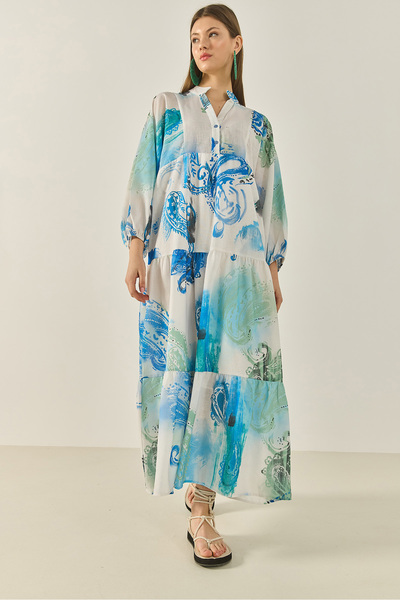 Bianco Lucci Γυναικείο μακρύ λινό φόρεμα με λαιμόκοψη V με επένδυση Flounce 3032 60283274