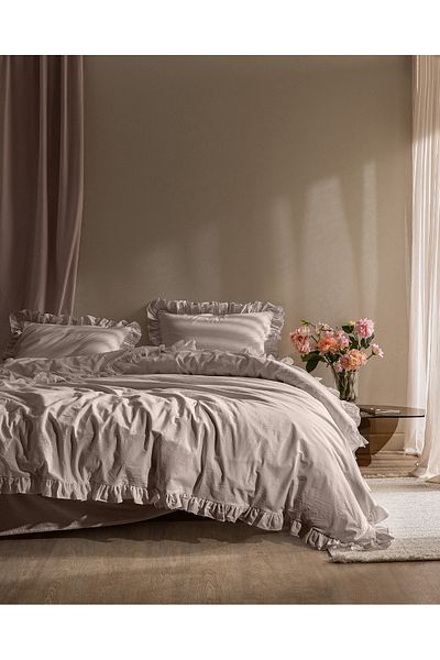 Madame Coco Obernai Single 100% Cotton Frilly Plain Washed Duvet Cover Set - Beige