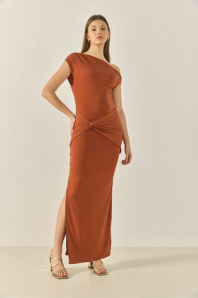 Bianco Lucci Women Boat Neck Knot Detail Slit Saran Candy Dress 60283248