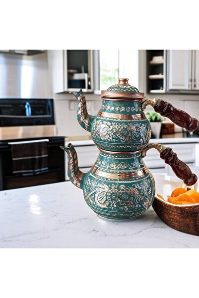 Bakır Center İşlemeli Bakır Çaydanlık Seti 2 Kişilik 1.5 Litrelik Yeşil Çaydanlık Bakır Demlik El Yapımı ŞıkÇeyiz