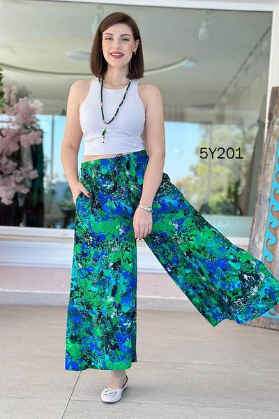 İnce Topuk Patterned Viscose Wide Leg Trousers 5Y201