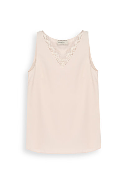 Perspective Farewell Regular Fit Standard Size Zero Sleeve V-Neck Beige Blouse