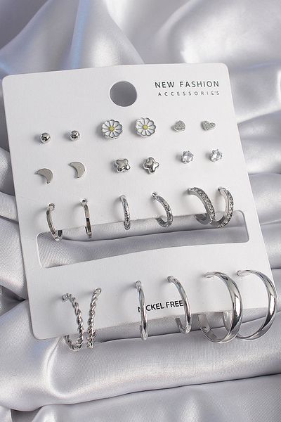 Skygo Brass Silver Color Zircon Stone Detailed 12 Pairs Women Earrings Set - Tj-Bkp9690