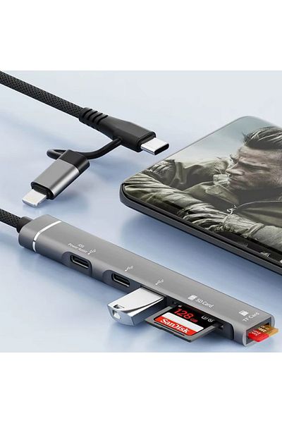 REDz Accessories Cablu hub Otg-019e, 5 porturi, mufă tip C și Lightning, acceptă transfer rapid, negru
