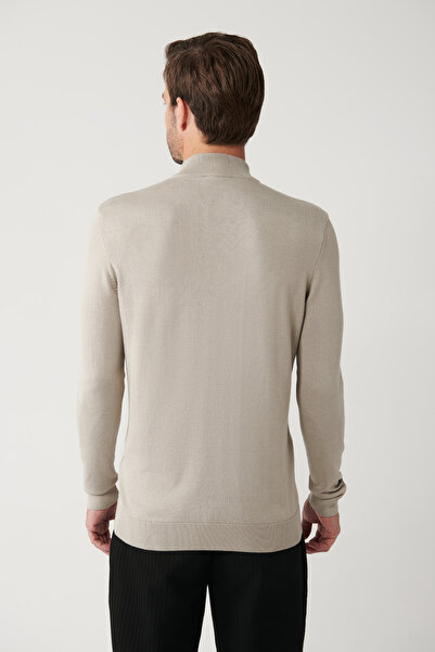 Avva Erkek Vizon Dik Yaka Deri Detaylı Fermuarlı Viskon Triko Regular Fit Kazak B005023