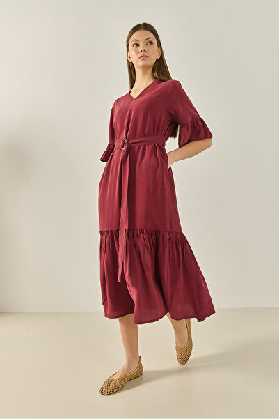 Bianco Lucci Women's V-Neck Belted Skirt with Pocket Flounce Detailed Loose Dress 8406 60283256