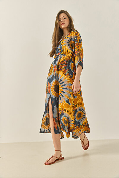 Bianco Lucci Kadın Desenli Beli Lastikli Anvelop Yaka Yazlık Viskon Elbise 60283296