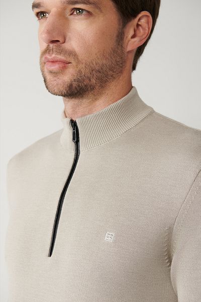 Avva Men's Mink High Collar Leather Detailed Zippered Viscose Knitwear Sweater B005023