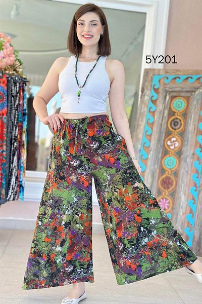 İnce Topuk Patterned Viscose Wide Leg Trousers 5Y201