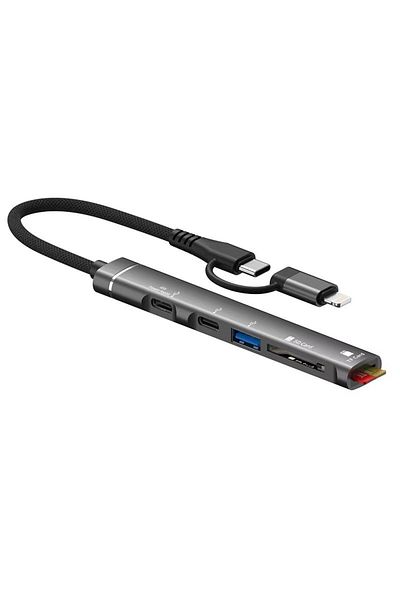 REDz Accessories Cablu hub Otg-019e, 5 porturi, mufă tip C și Lightning, acceptă transfer rapid, negru