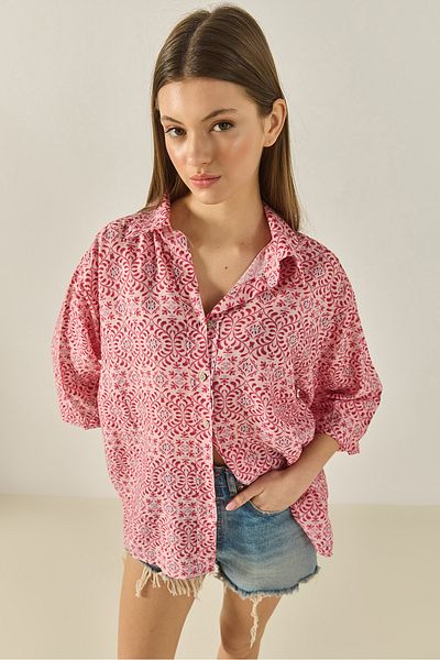 Bianco Lucci Women's V-Neck Half Sleeve Patterned Printed Shirt 6652 60283258