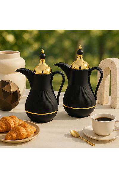 Alaska Alaska Dallah Thermos Set, 2 Pieces, Black with Gold, 1 Liter Capacity