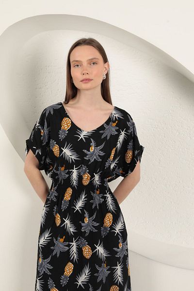 vuvutasarım New Season Viscose Fabric Pineapple Patterned Women's Midi Dress Beach Dress 25VL132-04