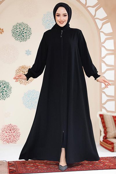 Neva Style Hijab negru cu fermoar Ferace 45287S