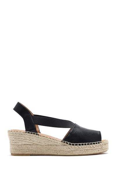 Derimod Women's Black Wedge Heeled Leather Espadrille Sandals 25Sfd457732