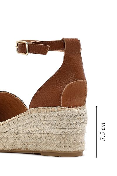 Derimod Woman's taba ankle buckle wedge heel straw leather espadrille sandals