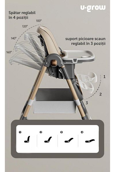 U-Grow Height-adjustable dining chair, 4-position adjustable backrest, foldable, brown,