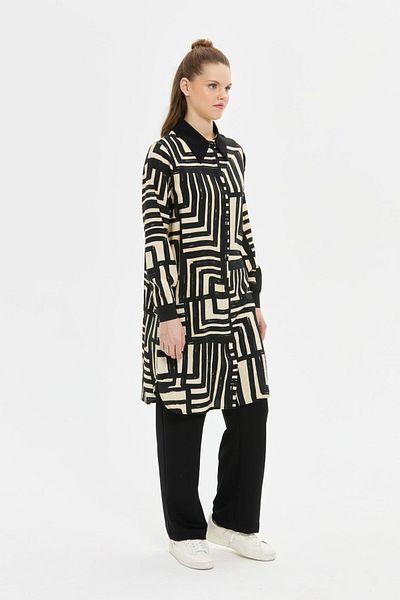 Esswaap Geometric Patterned Voile Black-Beige Tunic Black