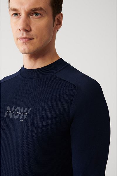 Avva Men's Navy Blue Crew Neck Textured Rayon Knitwear Sweater A32Y5107