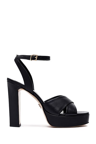 Derimod Women's Black Ankle Buckle Platform High Thick Heeled Leather Sandals 25Sfd120418