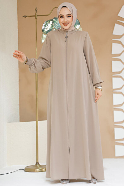 Neva Style Beige Hijab Ferace - Zippered, Model 45287Beige