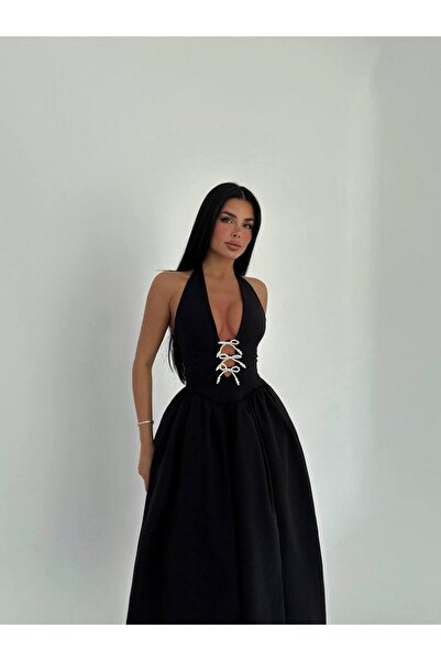 D'RECCY Women's White Bust Low-Cut Ribbon Detail Halter Corset Dress